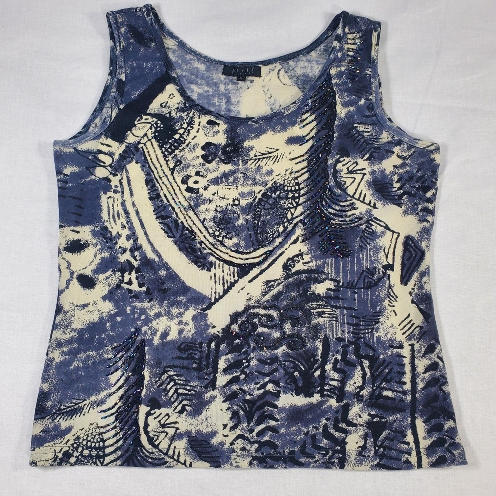 Nikky Collection By Nicole Lee Blue / Cream Color Beaded Tank Top Women's Large
